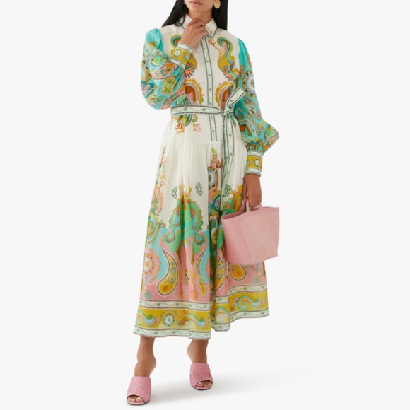 NWT ALÉMAIS Pinball Linen Paisley Print Belted MIDI Dress Sz 0 - Picture 4 of 16